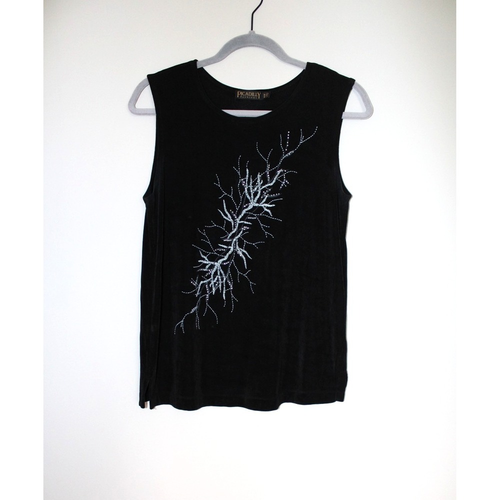 Picadilly Fashions Black Beaded Stud Shimmer Sleeveless Top Slinky Abstract M